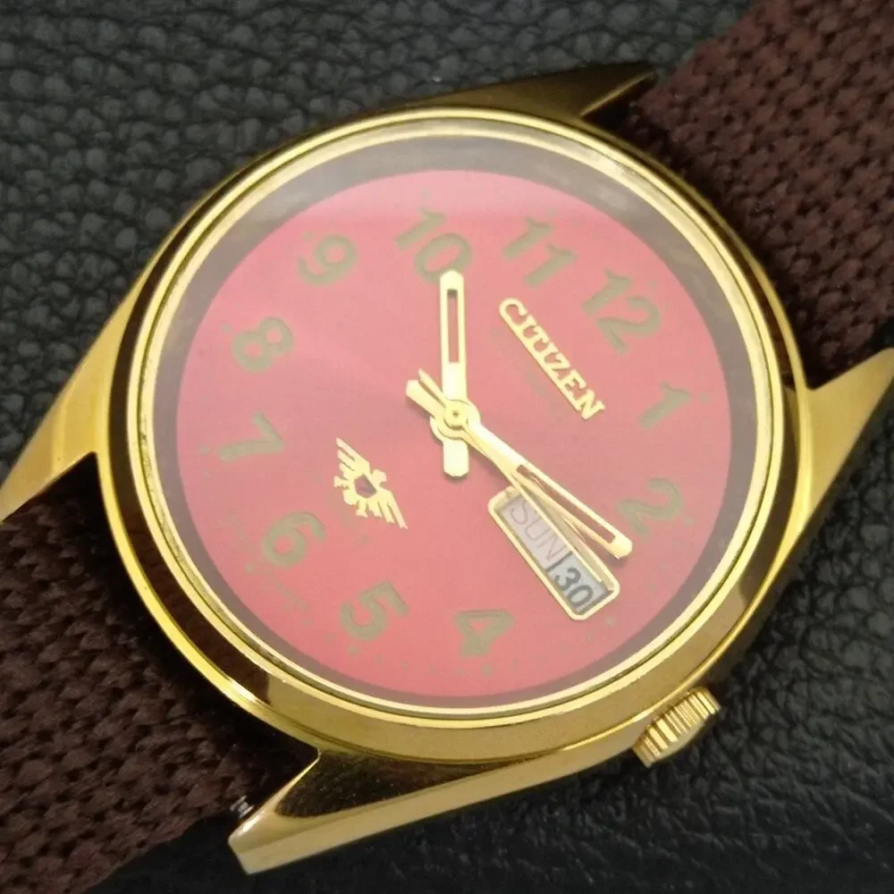 Vintage 1984 Citizen Automatic Mens Gold Watch W/daydate & Red accents
